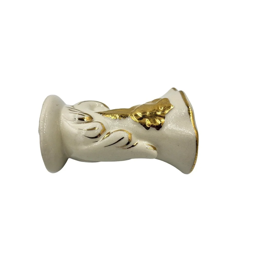 Vintage MCM Ceramic Pottery Cornucopia Vase White w/ Gold Leaf Rose Accents‎
